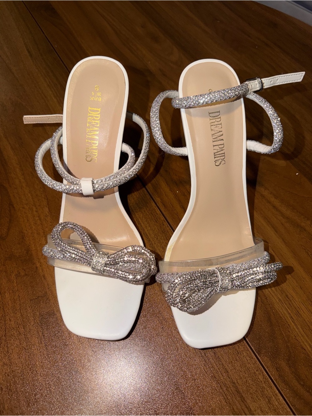 Dream Pairs White and Silver Crystal Bow Ankle-Strap Heels